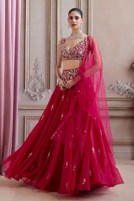 Buy_Label Sanya Gulati_Magenta Organza, Silk Organza, Net Tassels, Sequins, Stones, Pearls, Lehenga Set _Online_at_Aza_Fashions