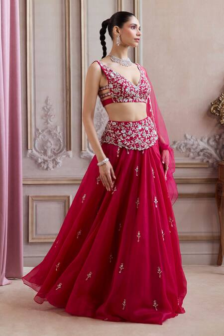 Shop_Label Sanya Gulati_Magenta Organza, Silk Organza, Net Tassels, Sequins, Stones, Pearls, Lehenga Set _Online_at_Aza_Fashions