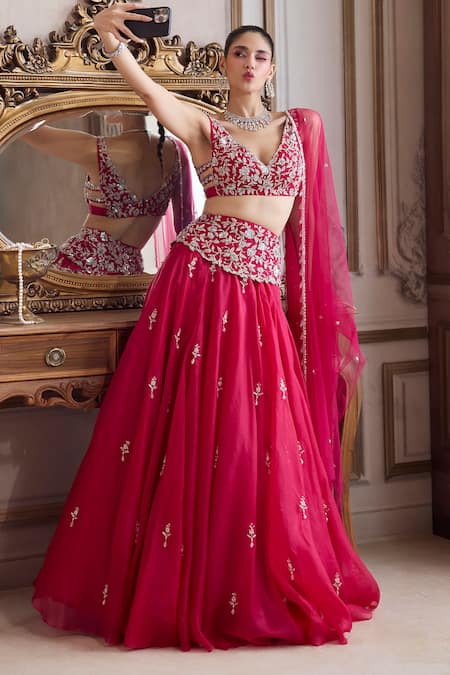 Label Sanya Gulati_Magenta Organza, Silk Organza, Net Tassels, Sequins, Stones, Pearls, Lehenga Set _at_Aza_Fashions