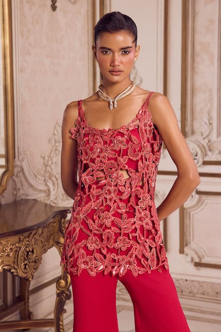 Label Sanya Gulati_Magenta Georgette Cut Work, Sequins, Zari, Stones Cutwork Kurta And Palazzo Set _Online_at_Aza_Fashions