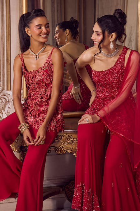 Buy_Label Sanya Gulati_Magenta Georgette Cut Work, Sequins, Zari, Stones Cutwork Kurta And Palazzo Set _Online_at_Aza_Fashions