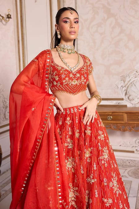 Label Sanya Gulati_Red , Silk Embroidery, Zari, Sequins, Rust Bridal Lehenga Set _Online_at_Aza_Fashions