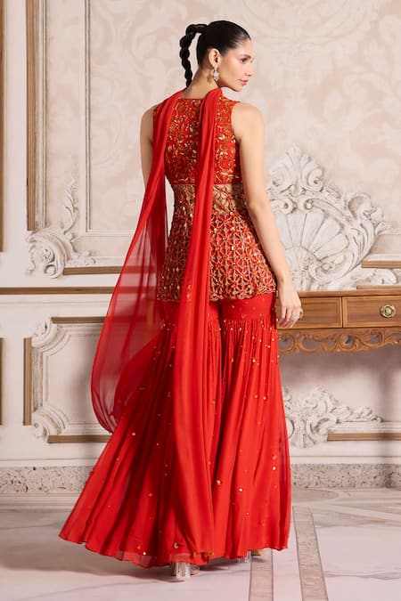 Label Sanya Gulati Cutwork Embroidered Peplum Kurta Sharara Set 