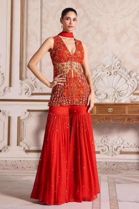 Label Sanya Gulati Cutwork Embroidered Peplum Kurta Sharara Set 