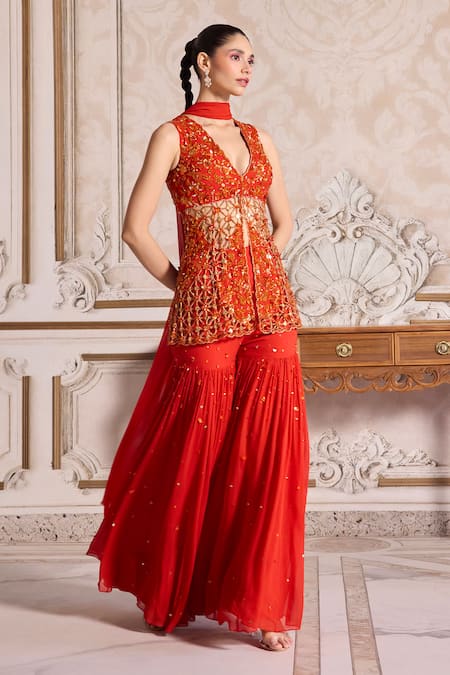 Label Sanya Gulati_Orange Georgette Sequins, Beads Cutwork Embroidered Peplum Kurta Sharara Set _Online_at_Aza_Fashions