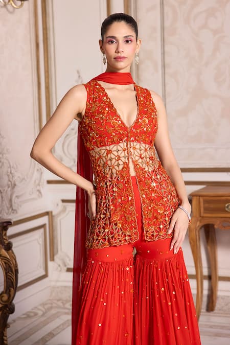 Buy_Label Sanya Gulati_Orange Georgette Sequins, Beads Cutwork Embroidered Peplum Kurta Sharara Set _Online_at_Aza_Fashions