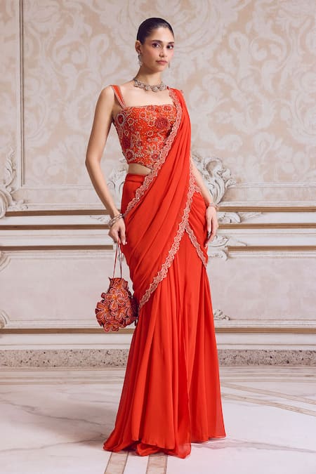 Label Sanya Gulati Rust Pre-Draped Saree With Corset 