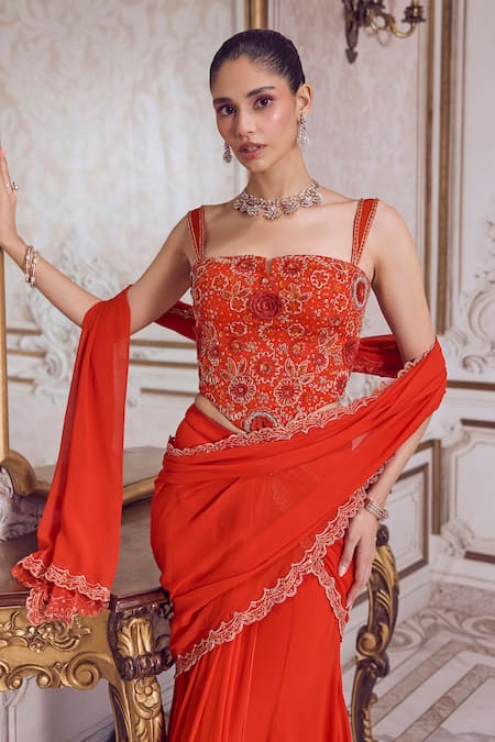 Label Sanya Gulati_Rust Georgette Sequins, Embroidery, Beads, Pearls Pre-draped Saree With Corset _Online_at_Aza_Fashions