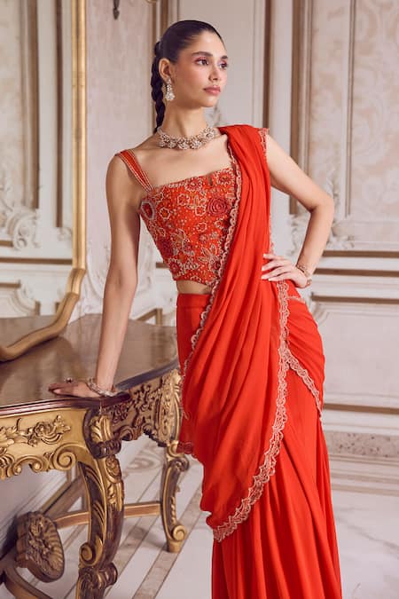 Buy_Label Sanya Gulati_Rust Georgette Sequins, Embroidery, Beads, Pearls Pre-draped Saree With Corset _Online_at_Aza_Fashions