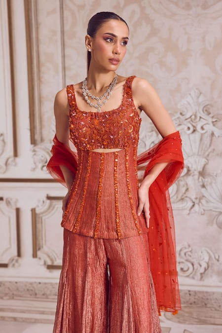 Label Sanya Gulati_Orange Tissue, Net Pearls, Sequins, Beads Square Embroidered Corset Sharara Set _Online_at_Aza_Fashions