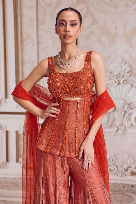 Buy_Label Sanya Gulati_Orange Tissue, Net Pearls, Sequins, Beads Square Embroidered Corset Sharara Set _Online_at_Aza_Fashions