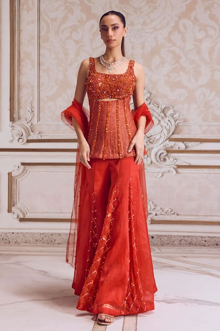 Label Sanya Gulati_Orange Tissue, Organza, Net Pearls, Sequins, Embroidered Corset Sharara Set _Online_at_Aza_Fashions