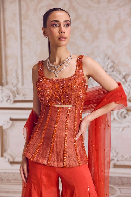 Buy_Label Sanya Gulati_Orange Tissue, Organza, Net Pearls, Sequins, Embroidered Corset Sharara Set _Online_at_Aza_Fashions