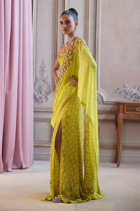 Label Sanya Gulati_Green Georgette, Shantoon Beads, Neon Slit Pre-draped Saree With Bustier _Online_at_Aza_Fashions