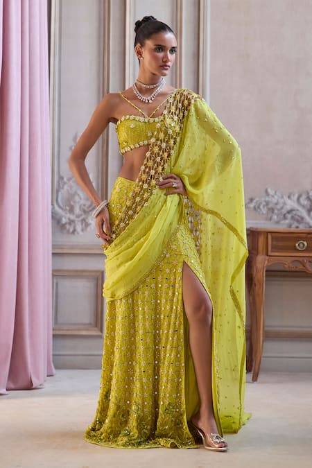 Label Sanya Gulati Neon Green Slit Pre-Draped Saree With Bustier 