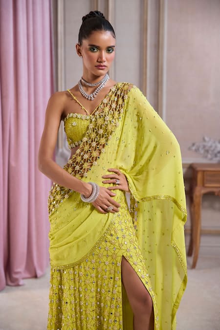 Buy_Label Sanya Gulati_Green Georgette, Shantoon Beads, Neon Slit Pre-draped Saree With Bustier _Online_at_Aza_Fashions