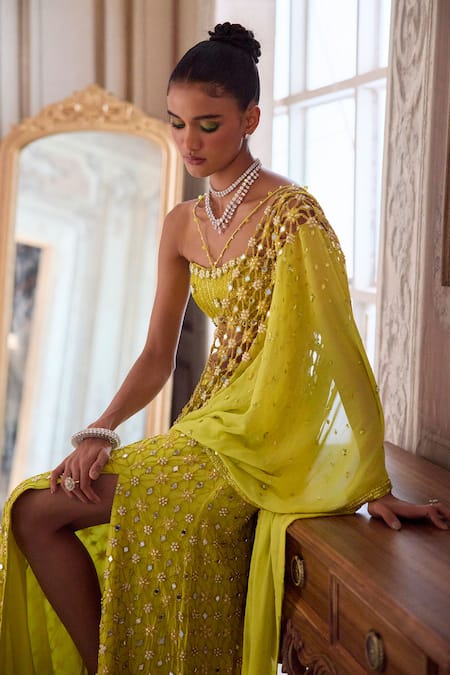 Label Sanya Gulati_Green Georgette, Shantoon Beads, Neon Slit Pre-draped Saree With Bustier _at_Aza_Fashions