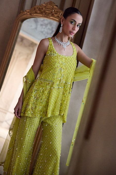 Label Sanya Gulati_Green Net Sequins, Mirrors, Beads Scoop Neck Neon Embroidered Short Kurta Set _Online_at_Aza_Fashions