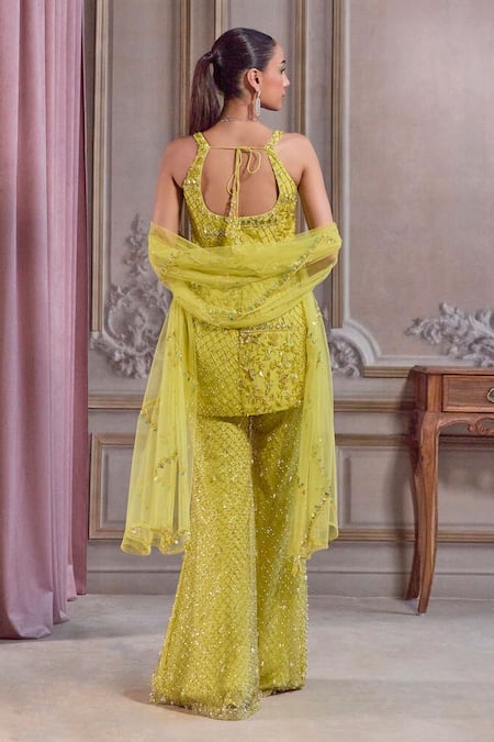 Label Sanya Gulati Neon Green Embroidered Short Kurta Set 