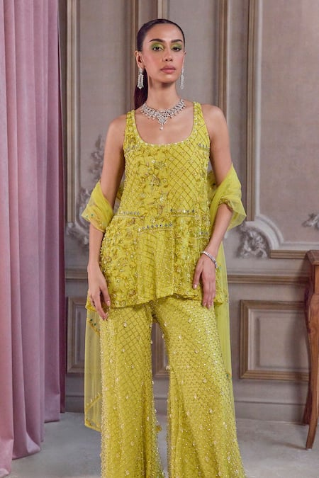 Buy_Label Sanya Gulati_Green Net Sequins, Mirrors, Beads Scoop Neck Neon Embroidered Short Kurta Set _Online_at_Aza_Fashions