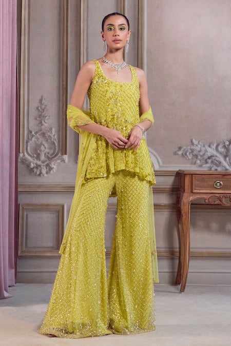 Label Sanya Gulati Neon Green Embroidered Short Kurta Set 