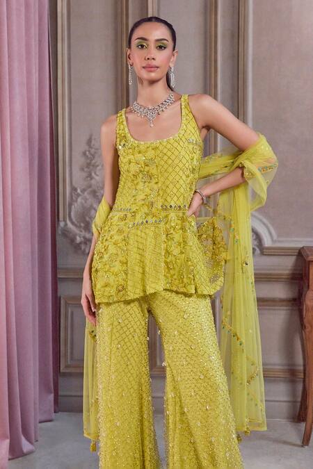 Shop_Label Sanya Gulati_Green Net Sequins, Mirrors, Beads Scoop Neck Neon Embroidered Short Kurta Set _Online_at_Aza_Fashions