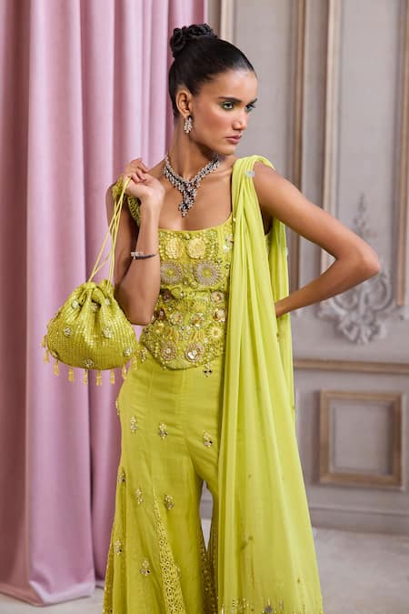 Label Sanya Gulati_Green Organza Applique, Sequins, Beads, Mirrors, Embroidery, Corset Sharara Set _Online_at_Aza_Fashions