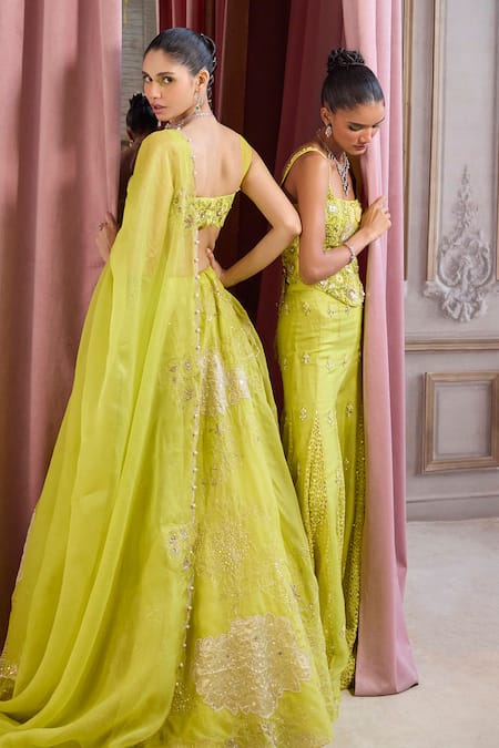 Buy_Label Sanya Gulati_Green Organza Applique, Sequins, Beads, Mirrors, Embroidery, Corset Sharara Set _Online_at_Aza_Fashions
