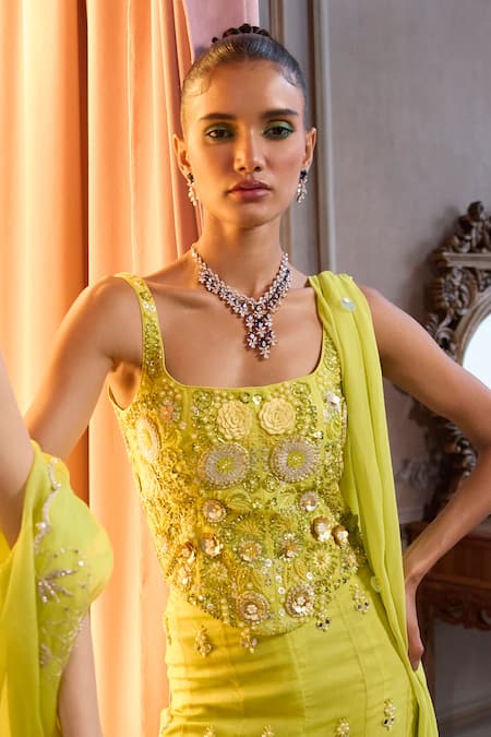 Shop_Label Sanya Gulati_Green Organza Applique, Sequins, Beads, Mirrors, Embroidery, Corset Sharara Set _Online_at_Aza_Fashions