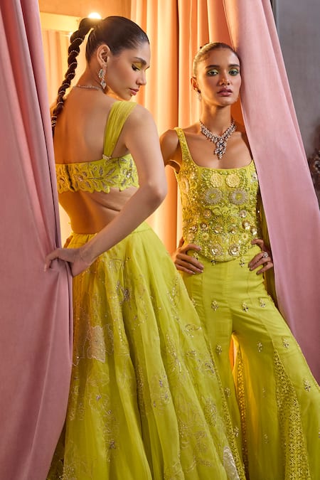 Label Sanya Gulati_Green Organza Applique, Sequins, Beads, Mirrors, Embroidery, Corset Sharara Set _at_Aza_Fashions