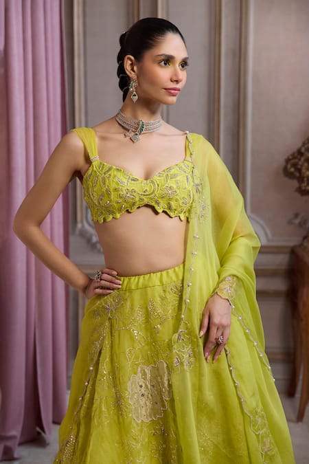 Label Sanya Gulati_Green Organza Applique, Pearls, Zari, Sequins, Embroidery, Neon Lehenga Set _Online_at_Aza_Fashions