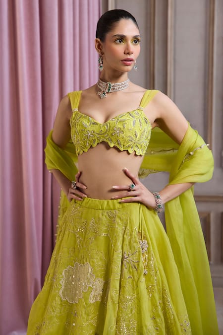 Buy_Label Sanya Gulati_Green Organza Applique, Pearls, Zari, Sequins, Embroidery, Neon Lehenga Set _Online_at_Aza_Fashions