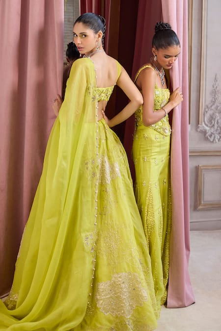 Shop_Label Sanya Gulati_Green Organza Applique, Pearls, Zari, Sequins, Embroidery, Neon Lehenga Set _Online_at_Aza_Fashions