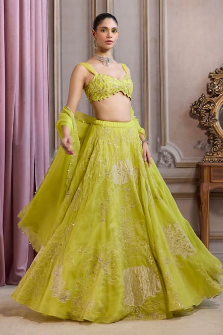 Label Sanya Gulati_Green Organza Applique, Pearls, Zari, Sequins, Embroidery, Neon Lehenga Set _at_Aza_Fashions