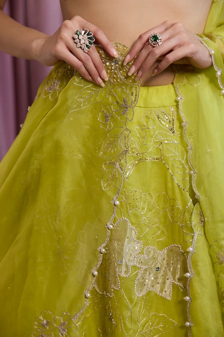 Buy_Label Sanya Gulati_Green Organza Applique, Pearls, Zari, Sequins, Embroidery, Neon Lehenga Set 