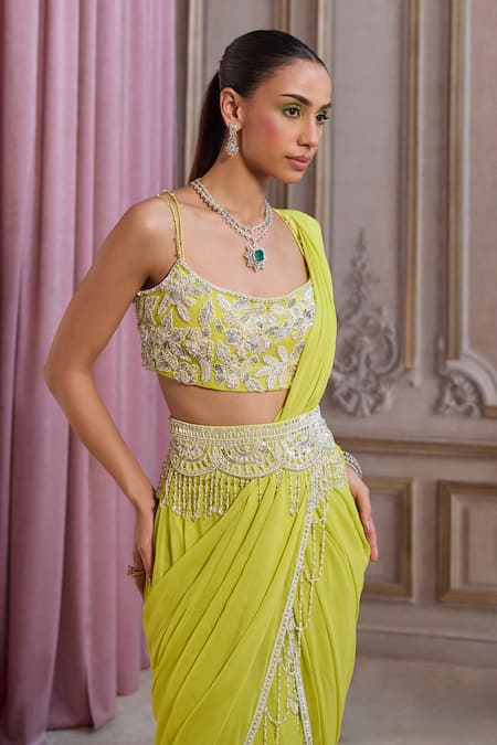 Label Sanya Gulati_Green Georgette Beads, Stones, Tassels, Pre-draped Saree With Blouse _Online_at_Aza_Fashions