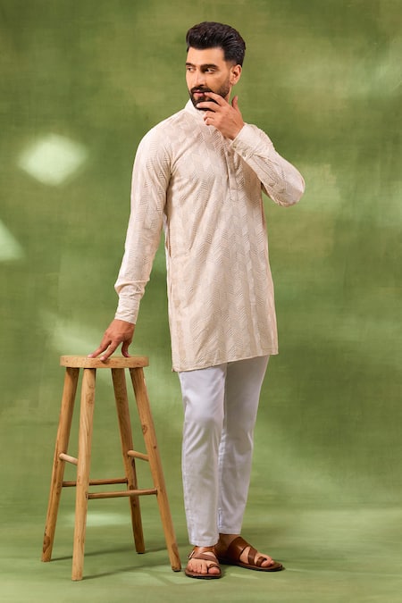 Spring Break_Beige Silk, Cotton Embroidery Geometric Kurta Set _Online_at_Aza_Fashions