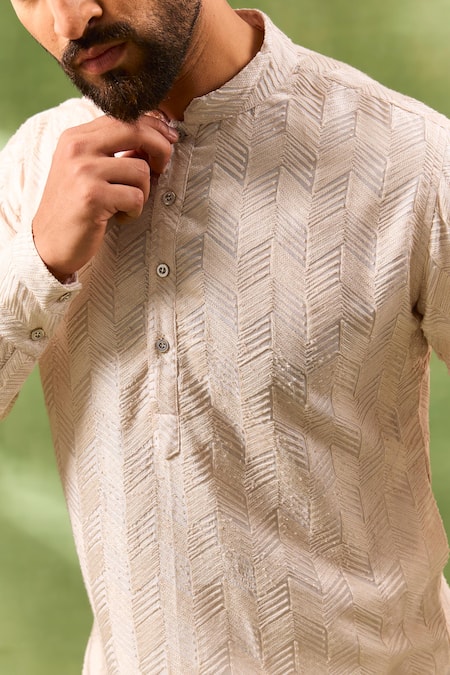 Shop_Spring Break_Beige Silk, Cotton Embroidery Geometric Kurta Set _Online_at_Aza_Fashions