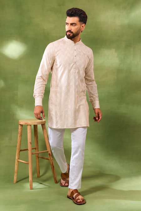 Spring Break Beige Geometric Embroidered Kurta Set 
