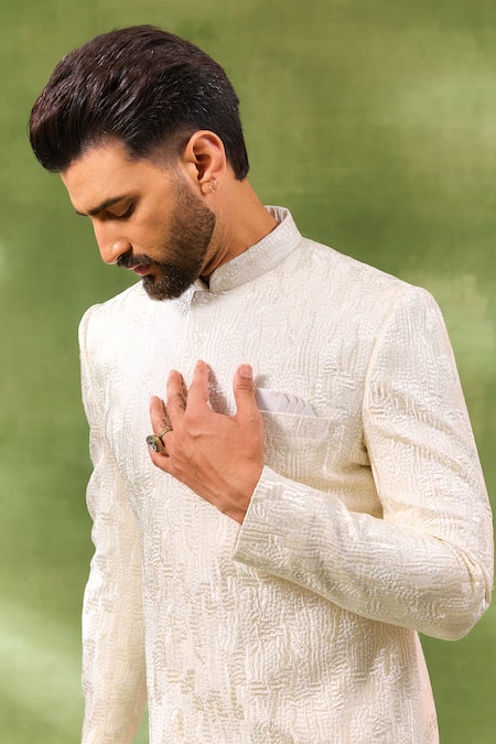 Buy_Spring Break_Ivory Cotton Satin Embroidery Sherwani Set _Online_at_Aza_Fashions