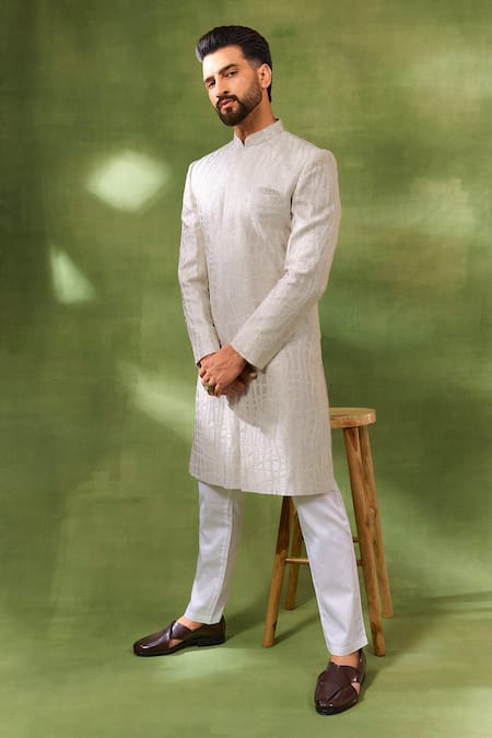 Spring Break Ivory Silk, Cotton Satin Embroidery Sherwani Set Online at Aza Fashions Spring Break_Ivory Silk, Cotton Satin Embroidery Sherwani Set_Online_at_Aza_Fashions