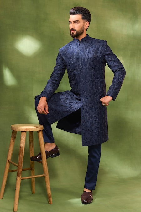 Spring Break_Navy Silk, Cotton Satin Embroidery, Sequins Sherwani Set _Online_at_Aza_Fashions