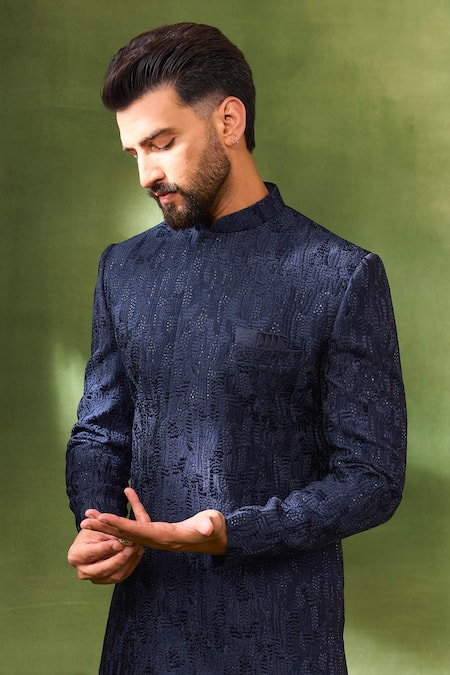 Buy_Spring Break_Navy Silk, Cotton Satin Embroidery, Sequins Sherwani Set _Online_at_Aza_Fashions