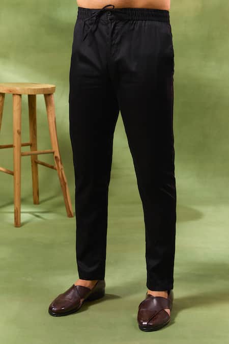 Spring Break_Black Silk, Cotton Satin Embroidery Sherwani Set _Online_at_Aza_Fashions