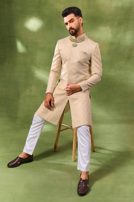 Spring Break_Cream , Silk, Satin Embroidery Sherwani Set _Online_at_Aza_Fashions