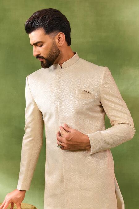 Buy_Spring Break_Cream , Silk, Satin Embroidery Sherwani Set _Online_at_Aza_Fashions