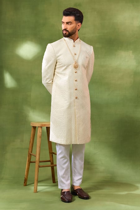 Spring Break_Ivory Cotton Satin Embroidery Box Sherwani Set _Online_at_Aza_Fashions