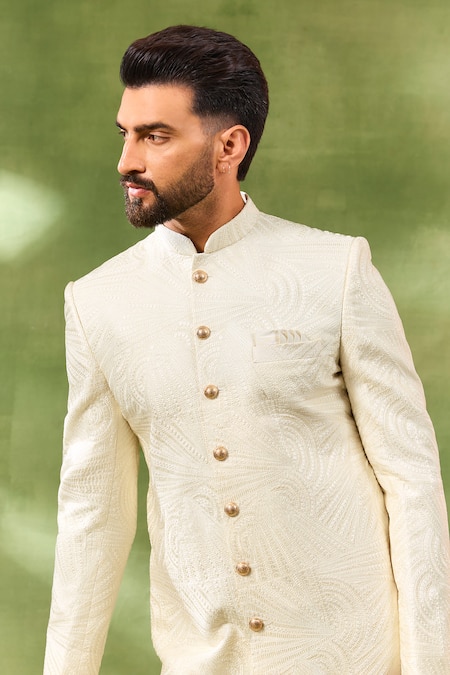 Buy_Spring Break_Ivory Cotton Satin Embroidery Box Sherwani Set _Online_at_Aza_Fashions