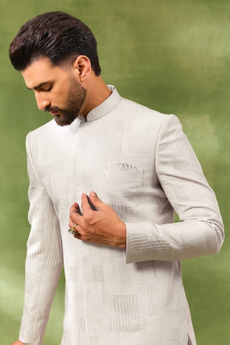 Buy_Spring Break_Beige Cotton Satin Embroidery Cream Sherwani Set _Online_at_Aza_Fashions