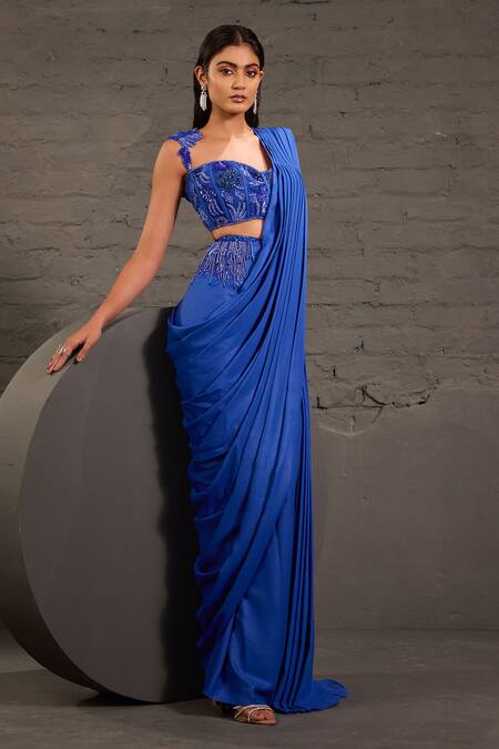 Buy_One Knot One By Ashna_Blue Georgette, Net Sequins, Metallic Pre-draped Saree With Cutwork Blouse _Online_at_Aza_Fashions